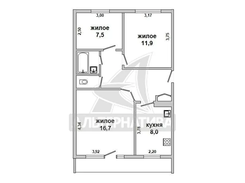 Две комнаты в трехкомнатной квартире (1 / 2 доля). w182179 3